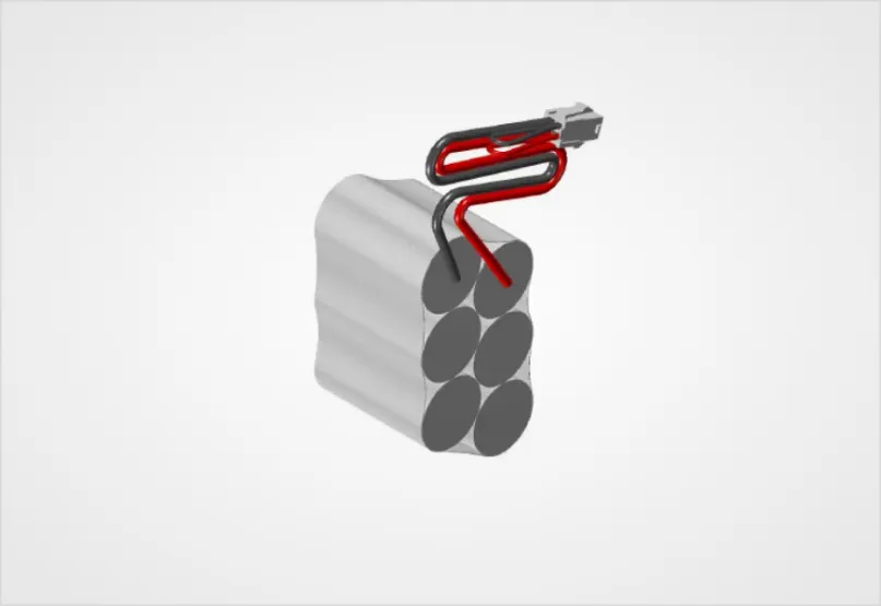 A 3D rendering of a six-cell battery pack with red and black wires connected to a connector.