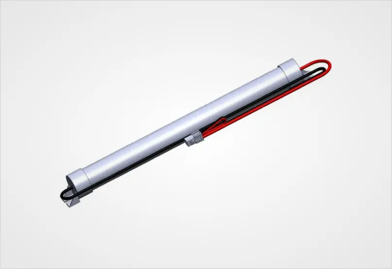 Close-up of a silver tubular object featuring exposed red and black wiring with a gray connector.