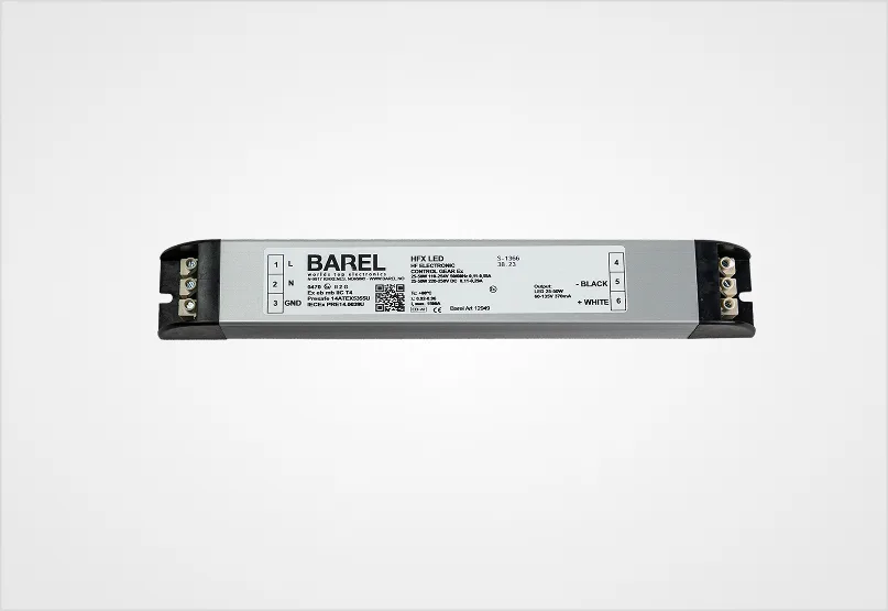 A Barel HFX LED driver, an electronic power supply unit, is shown centered against a white background.