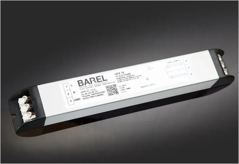 An electronic control gear (ballast) with 'BAREL' branding and model 'HFX T8' visible on its label.
