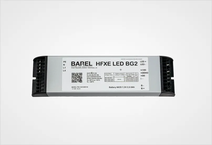 An electronic component, labeled Barel HFXE LED BG2, designed for LED applications, featuring connections for power and a battery backup.