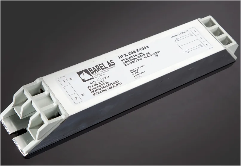 A white Barel AS electronic control gear, model HFX 236 E1003, with text indicating it's an HF electronic control gear Ex, 220-250V.