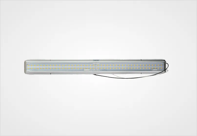 A long, slim LED light bar with visible individual yellow LED chips on a white background.