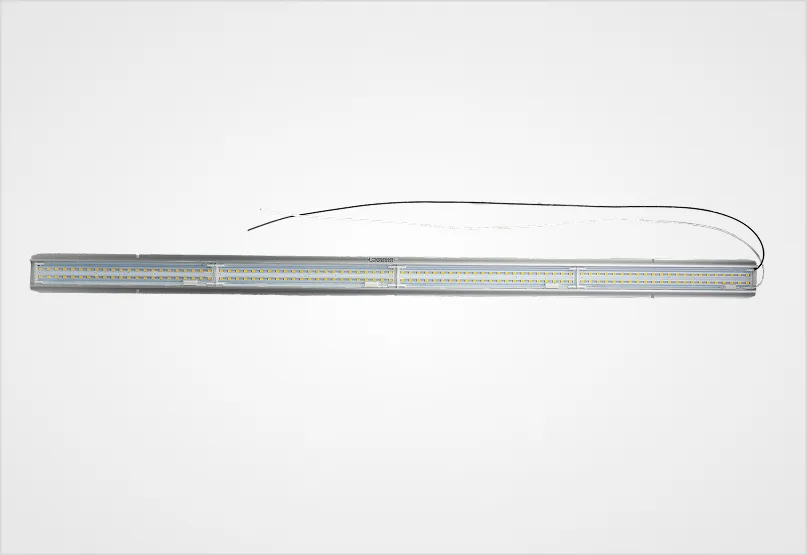 Rectangular aluminum housing LED light fixture with two visible rows of LEDs and power cables at one end.