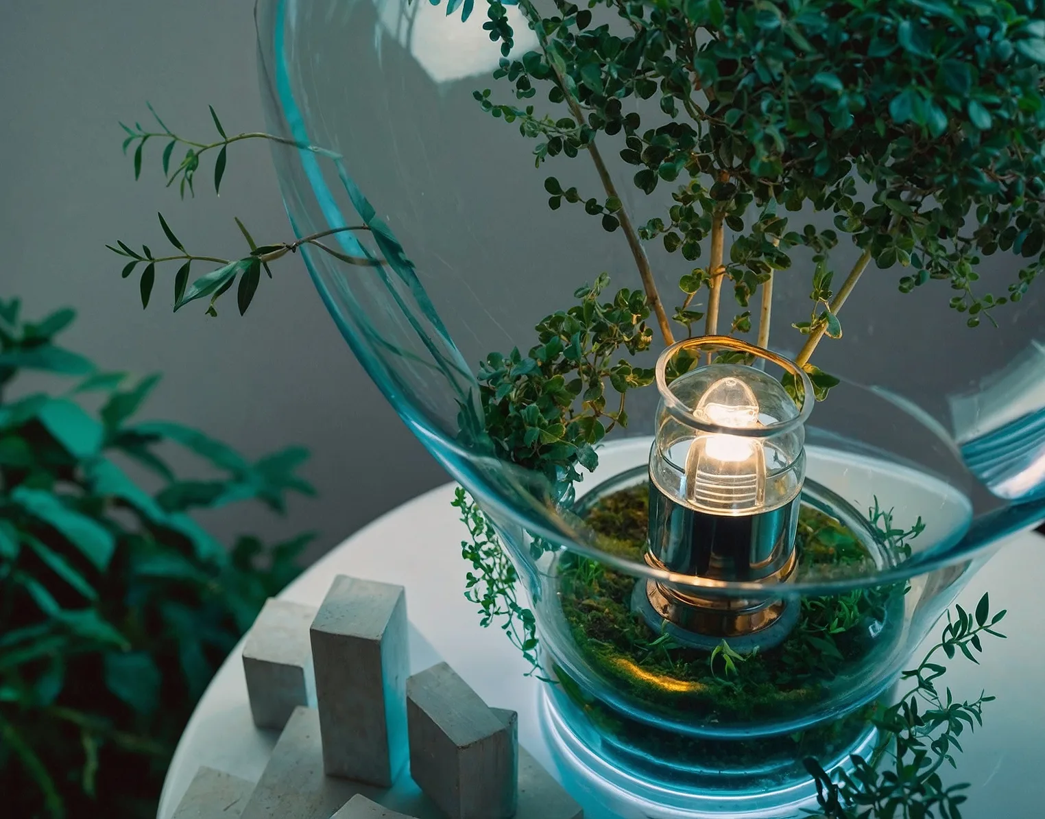 Close-up of a modern terrarium with a glowing light, green moss, and plants in a clear glass container on a white surface next to concrete blocks.