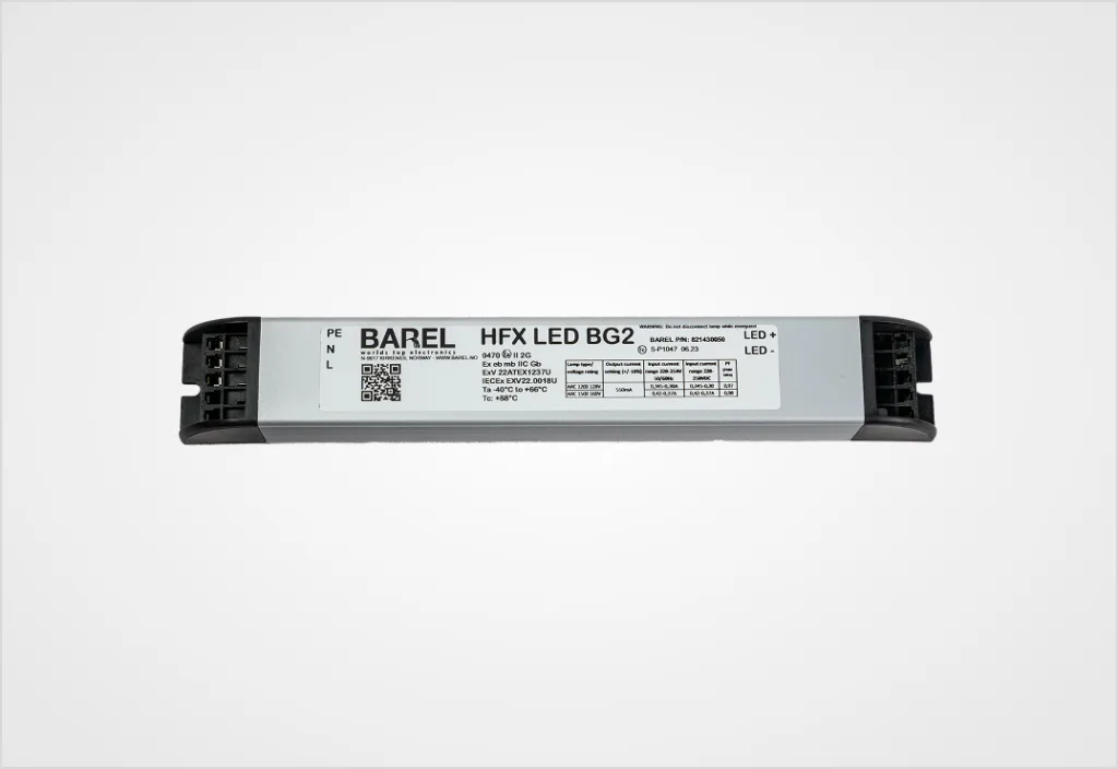 A rectangular Barel HFX LED BG2 LED driver power supply unit.