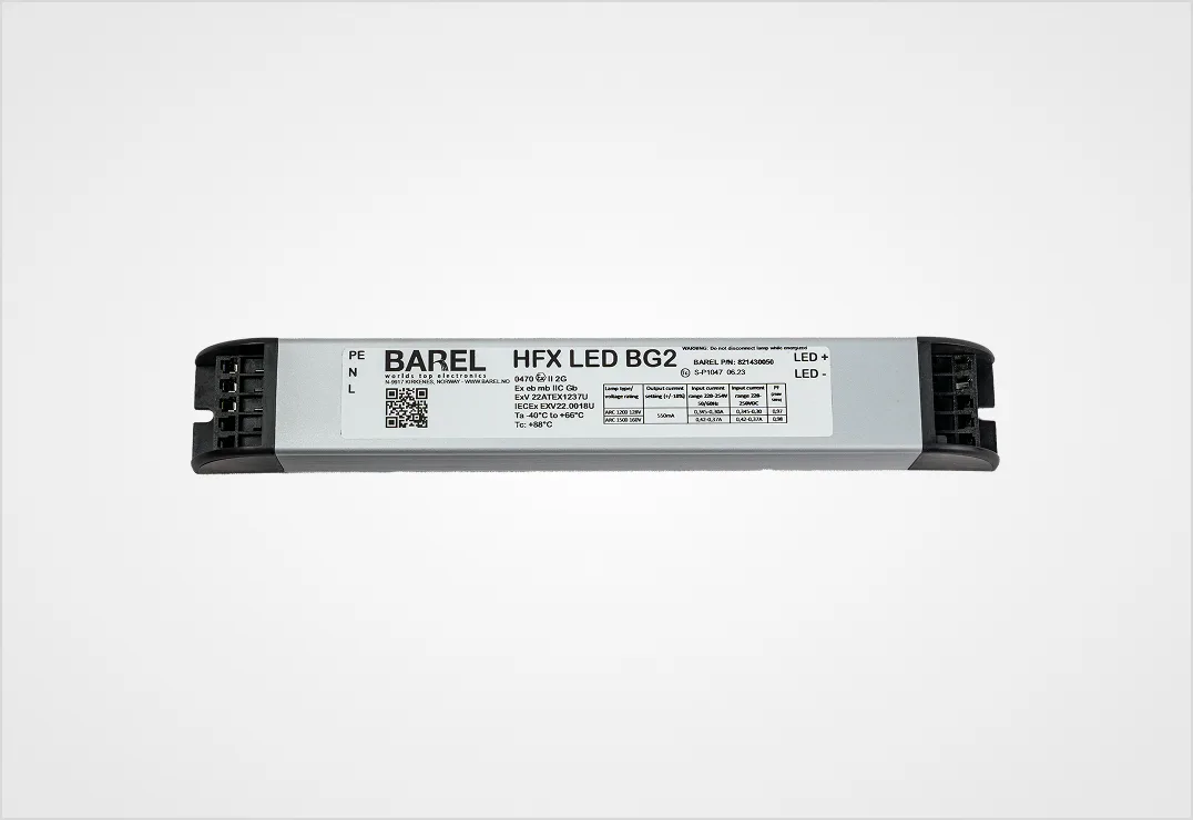 A rectangular Barel HFX LED BG2 LED driver power supply unit.