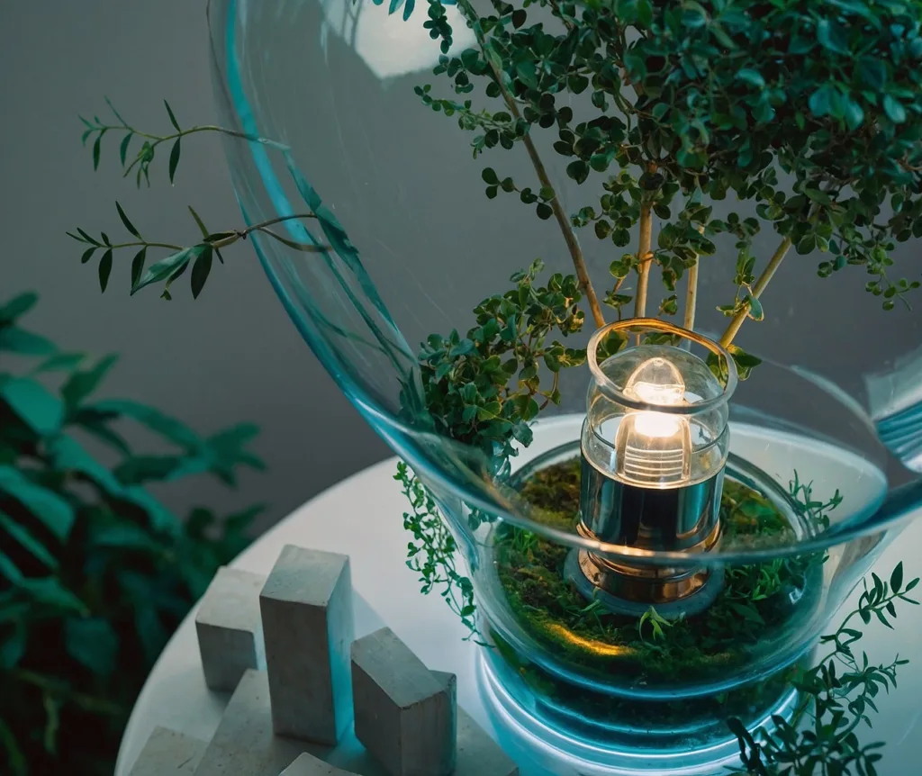 A futuristic glass terrarium containing green plants and a central glowing light, sitting on a white table with abstract wooden blocks.