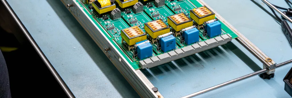 Electronic circuit boards featuring rows of yellow transformers and blue capacitors, neatly arranged in a specialized rack.